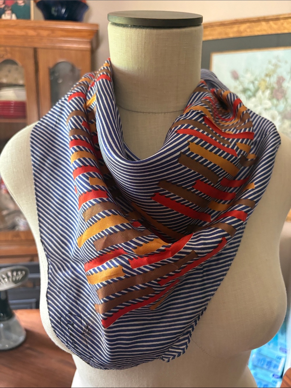 Vintage Ricardo navy stripe patterned silk scarf